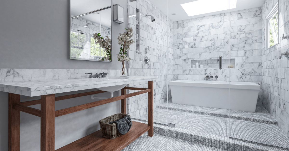 Marble wet room with walk-in shower